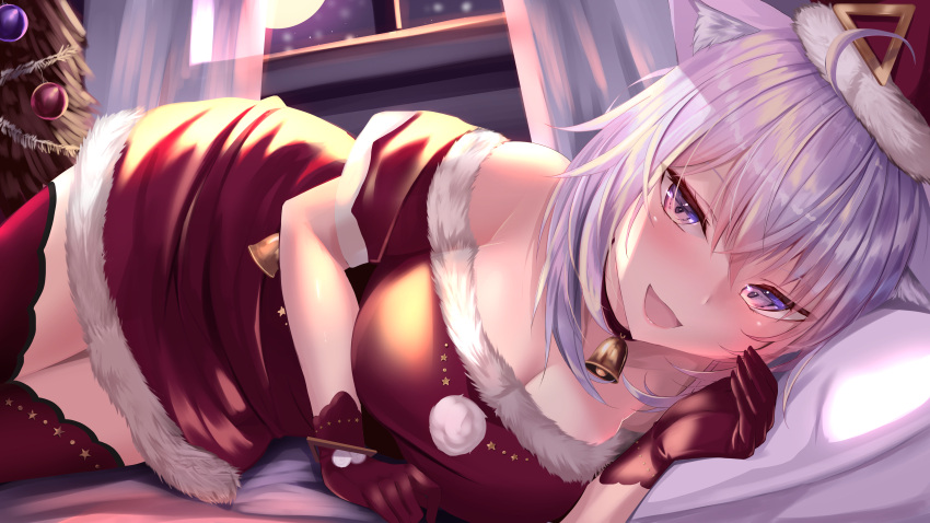1girl :d absurdres ahoge animal_collar animal_ear_fluff animal_ears ball bangs bed_sheet bell blush breasts cat_ears cat_girl christmas christmas_tree cleavage collar dress dutch_angle eyebrows_visible_through_hair foot_out_of_frame fur-trimmed_dress fur_trim gloves hair_between_eyes haruka_natsuki hat highres hololive indoors large_breasts looking_at_viewer lying moon neck_bell nekomata_okayu night on_bed on_side open_mouth parted_lips pillow purple_eyes purple_hair red_collar red_dress red_gloves red_legwear santa_costume santa_dress santa_hat short_hair short_sleeves smile solo star_(symbol) thighhighs virtual_youtuber window
