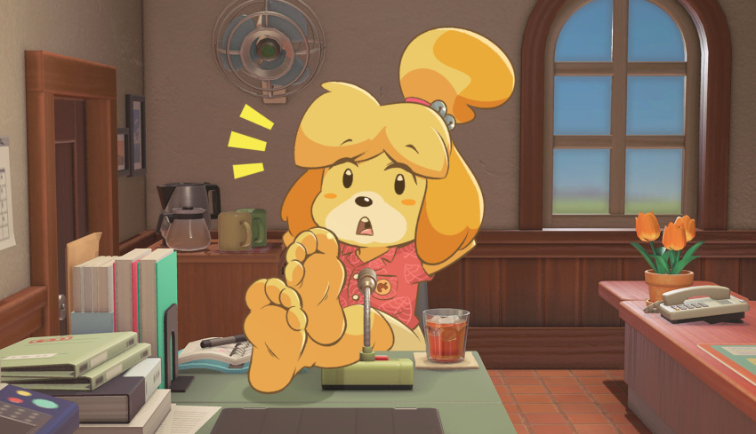 2021 4_toes accessory animal_crossing anthro barefoot beverage blonde_hair book canid canine canis chair clothing container cup desk detailed_background domestic_dog feet feet_up female floppy_ears foot_focus fur furniture hair hair_accessory hi_res hotbrotkuroi humanoid_feet isabelle_(animal_crossing) mammal nintendo open_mouth open_smile plant sitting smile soles solo surprise table toes video_games window yellow_body yellow_fur