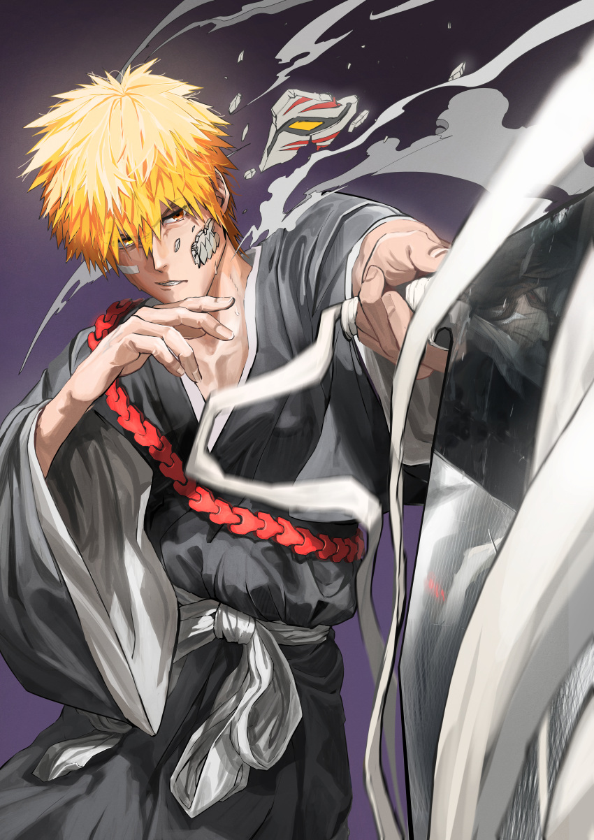 2boys absurdres bandaid bandaid_on_face bleach broken broken_mask brown-tinted_eyewear brown_hair closed_mouth eyebrows_visible_through_hair eyes_visible_through_hair facial_hair fingerless_gloves glasses gloves hair_between_eyes highres holding holding_sword holding_weapon kurosaki_ichigo long_hair long_sleeves male_focus mask mask_removed multiple_boys mustache orange_eyes orange_hair ossan_zabi_190 parted_lips pointing_weapon purple_background reflection scratches solo_focus stubble sword tinted_eyewear vizard weapon wide_sleeves yellow_eyes zangetsu