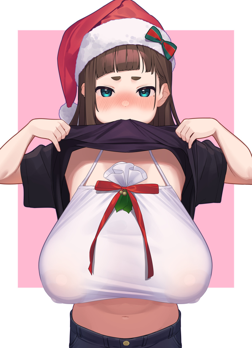 1girl bangs blue_eyes blunt_bangs blush breasts brown_hair covered_nipples hair_behind_ear hat highres huge_breasts lifted_by_self long_hair looking_at_viewer mouth_hold navel nose_blush original sagging_breasts santa_hat see-through shirt_in_mouth short_bangs simple_background solo upper_body wotori