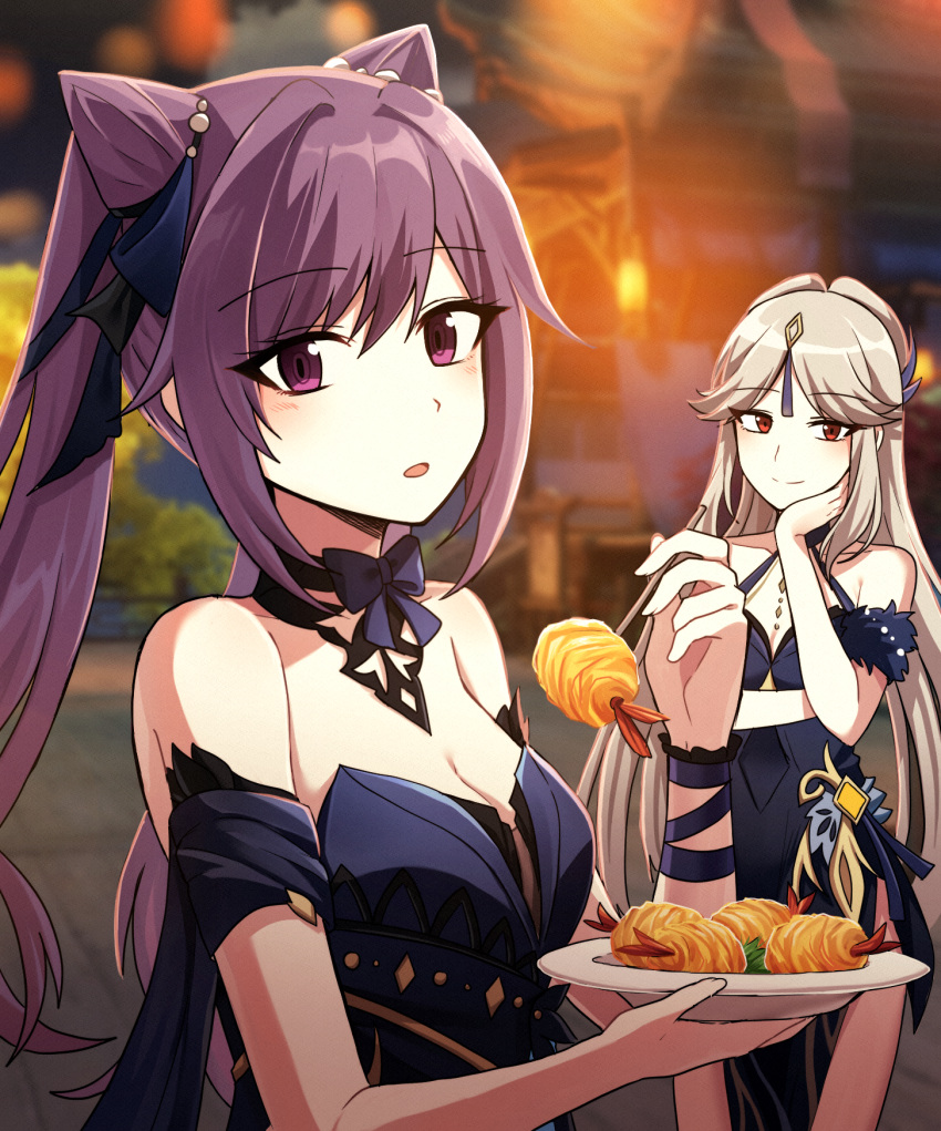 2girls :o bangs bare_shoulders blue_dress blurry blush breasts chopsticks cleavage closed_mouth depth_of_field double_bun dress eyebrows_visible_through_hair food genshin_impact hair_ornament highres keqing_(genshin_impact) keqing_(opulent_splendor)_(genshin_impact) large_breasts light_brown_hair lix long_hair looking_at_viewer multiple_girls ningguang_(genshin_impact) ningguang_(orchid's_evening_gown)_(genshin_impact) off_shoulder outdoors parted_lips plate purple_eyes purple_hair red_eyes smile twintails