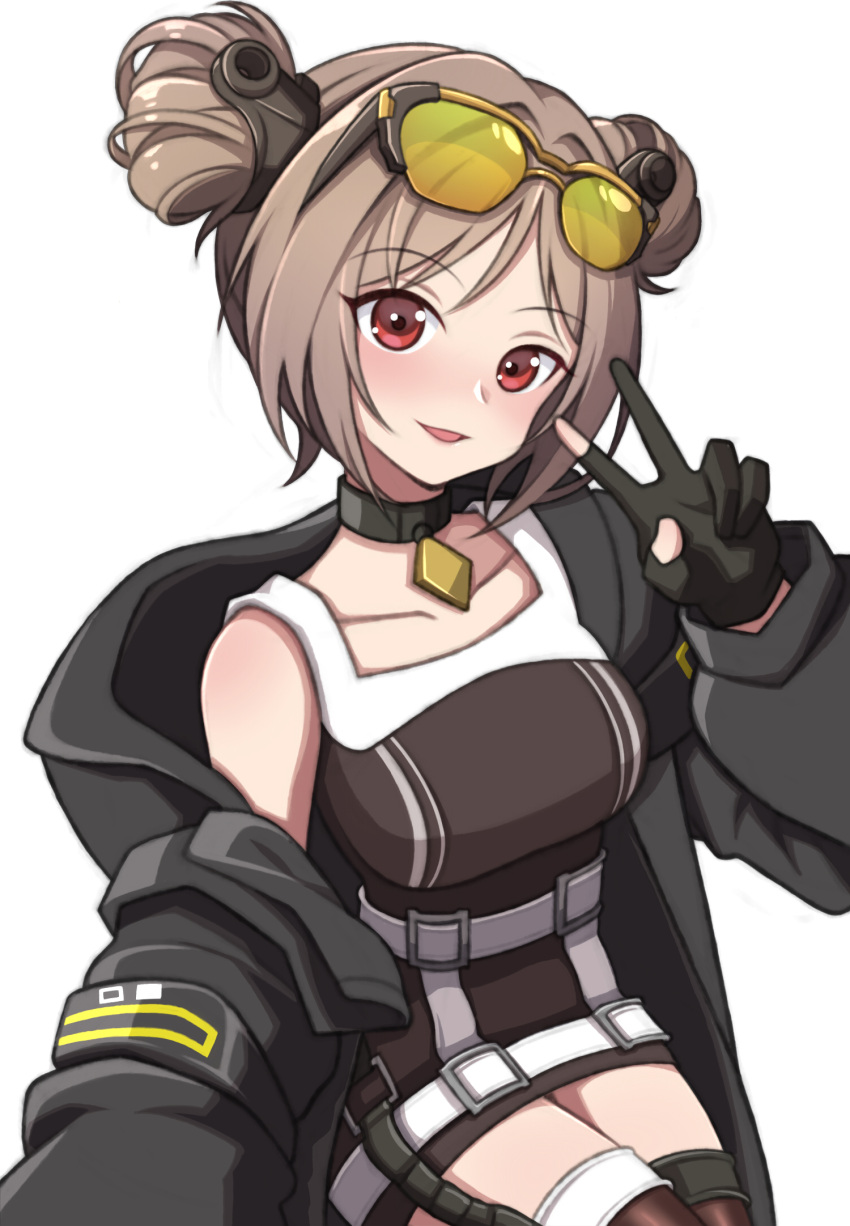 1girl black_gloves black_jacket brown_hair choker collarbone cowboy_shot double_bun dress english_commentary eyebrows_visible_through_hair eyewear_on_head girls'_frontline gloves highres jacket jjuwaap looking_at_viewer off_shoulder p90_(girls'_frontline) red_eyes selfie short_hair simple_background smile solo thighhighs tinted_eyewear v white_background