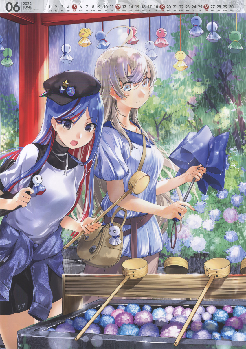 2girls absurdres ahoge bag black_headwear blue_flower blue_hair blue_shirt blue_umbrella blush calendar_(medium) closed_mouth clothes_writing eyebrows_visible_through_hair flat_cap flower grey_eyes hair_between_eyes hat highres holding holding_umbrella hydrangea incredibly_absurdres kantai_collection long_hair multicolored_hair multiple_girls official_art open_mouth pink_flower purple_flower rain red_hair scan shirt short_sleeves shoulder_bag silver_hair south_dakota_(kancolle) teruterubouzu umbrella washington_(kancolle) white_shirt zeco