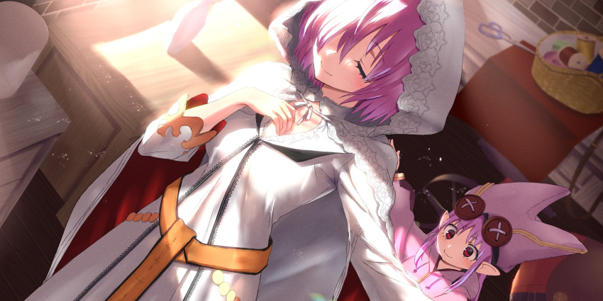 2girls bangs blush breasts button_eyes buttons cape closed_eyes dress fate/grand_order fate_(series) habetrot_(fate) hair_over_one_eye hat highres hood hood_up hooded_dress hooded_jacket jacket large_breasts light_purple_hair long_hair long_sleeves mash_kyrielight multiple_girls pink_hair pink_headwear pink_jacket pointy_ears red_eyes revision short_hair sidelocks small_breasts smile tsuuhan white_cape white_dress