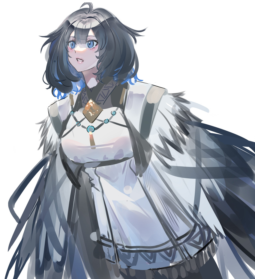 1girl absurdres ahoge arknights black_hair blue_eyes blue_hair breasts dress dutch_angle echj fur_trim highres jewelry kjera_(arknights) lipstick looking_away looking_up makeup medium_breasts multicolored_hair necklace parted_lips simple_background sketch solo two-tone_hair white_background white_dress