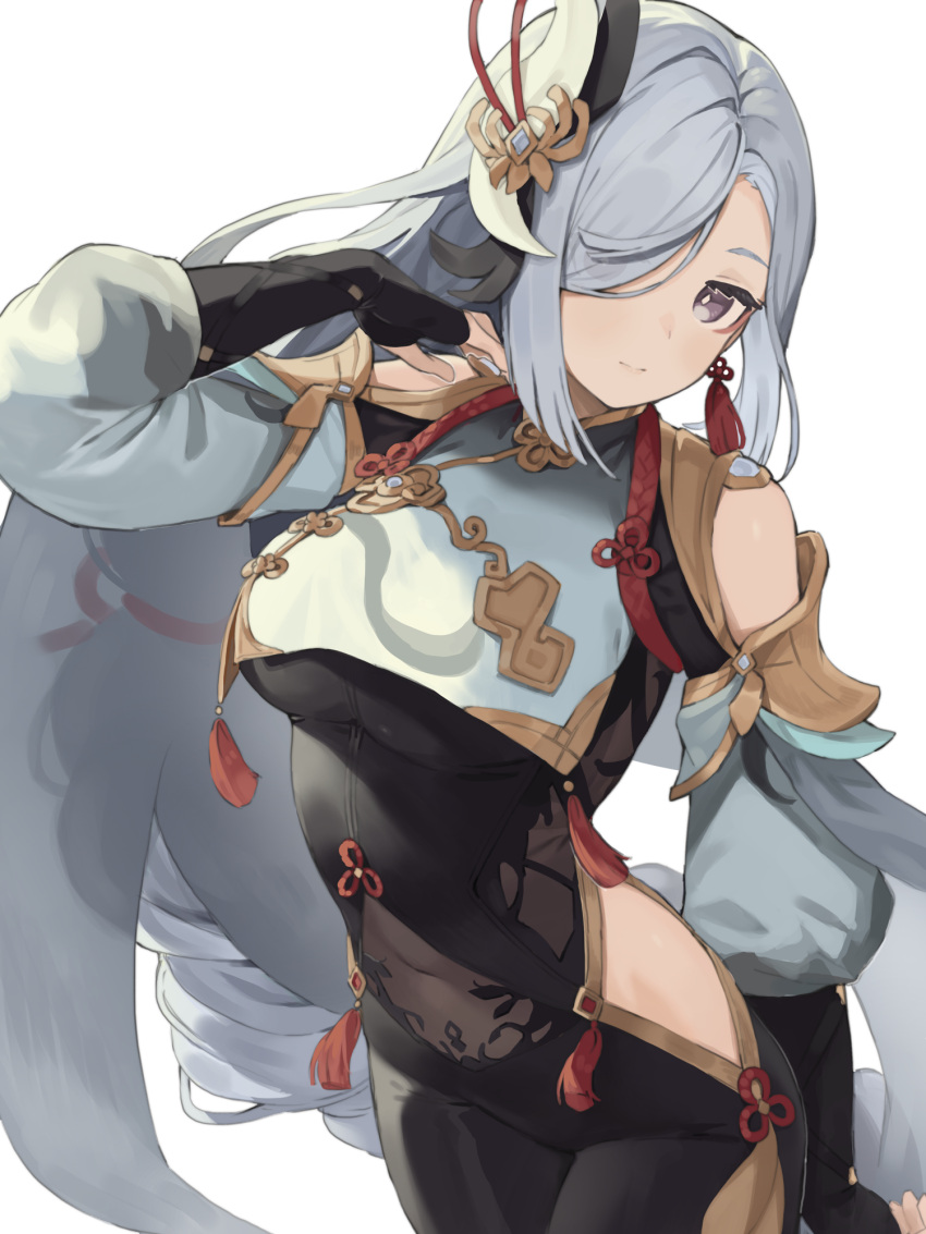 1girl bare_shoulders black_bodysuit black_gloves bodysuit braid commentary_request covered_navel crop_top crop_top_overhang detached_sleeves fingerless_gloves genshin_impact gloves grey_eyes grey_hair hair_over_one_eye hand_up highres hip_vent long_hair long_sleeves puffy_long_sleeves puffy_sleeves seramikku shenhe_(genshin_impact) side_cutout simple_background single_braid solo very_long_hair white_background white_sleeves