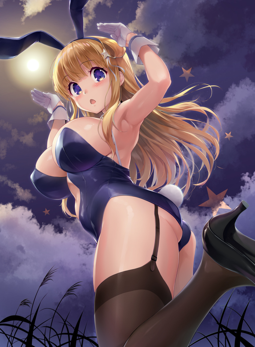 1girl alternate_costume animal_ears armpits ass bangs bare_shoulders black_legwear blonde_hair blush breasts cleavage commentary_request detached_collar eyebrows_visible_through_hair fake_animal_ears fletcher_(kancolle) gloves hair_ornament high_heels highres kantai_collection large_breasts leotard long_hair looking_at_viewer open_mouth playboy_bunny purple_eyes rabbit_ears rabbit_tail shinozuka_jouji skindentation solo star_(symbol) star_hair_ornament strapless strapless_leotard tail thighhighs white_gloves wrist_cuffs