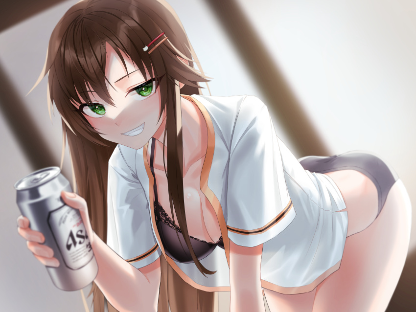 1girl absurdres asahi_breweries baseball_uniform beer_can black_bra black_panties blurry blurry_background bra breasts brown_hair can cleavage collarbone depth_of_field feet_out_of_frame green_eyes grin hair_ornament hairpin hear_(kpmf4732) highres himekawa_yuki holding holding_can idolmaster idolmaster_cinderella_girls idolmaster_cinderella_girls_starlight_stage leaning_forward looking_at_viewer medium_breasts no_pants open_clothes open_shirt panties smile smug solo sportswear straight_hair underwear