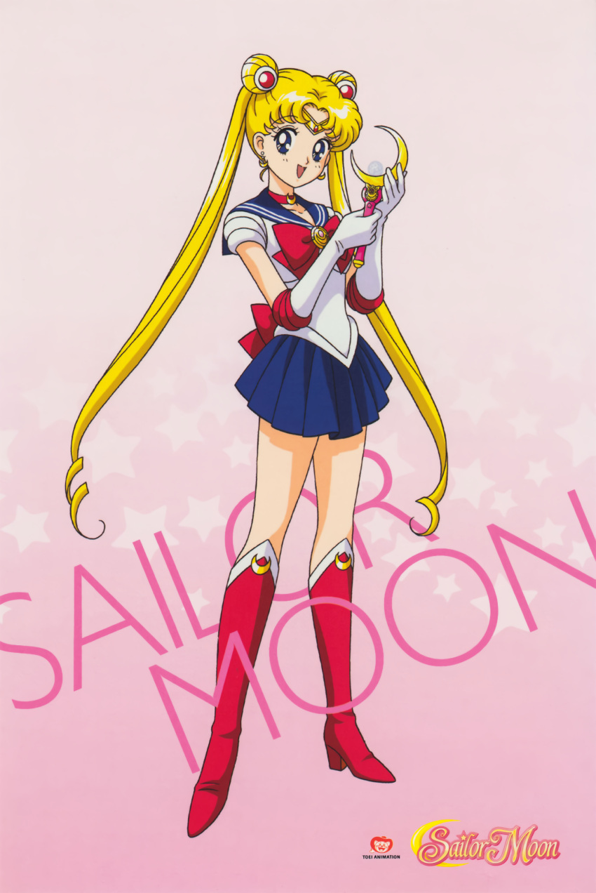 1990s_(style) 1girl back_bow bangs bishoujo_senshi_sailor_moon blonde_hair blue_eyes blue_skirt boots bow character_name choker copyright_name crescent crescent_earrings double_bun earrings elbow_gloves eyebrows_visible_through_hair full_body gloves highres holding jewelry knee_boots leotard logo long_hair magical_girl miniskirt official_art open_mouth pink_background pink_footwear pleated_skirt retro_artstyle sailor_collar sailor_moon sailor_senshi skirt solo standing starry_background tiara tsukino_usagi twintails very_long_hair