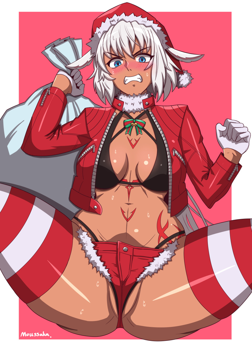 1girl absurdres alternate_costume animal_ears artist_name bangs bikini black_bikini blue_eyes blush body_markings breasts caenis_(fate) carrying_over_shoulder cleavage clenched_hand clenched_teeth commentary cropped_jacket cutoffs dark-skinned_female dark_skin eyebrows_visible_through_hair fangs fate/grand_order fate_(series) fur_collar gloves groin hair_between_eyes hat highleg highleg_bikini highres holding holding_saucer jacket leather leather_jacket long_hair long_sleeves looking_at_viewer medium_breasts micro_shorts midriff moussaka navel nose_blush open_clothes open_jacket red_background red_headwear red_jacket red_legwear red_shorts santa_hat saucer shorts sidelocks simple_background sitting skindentation solo spread_legs striped striped_legwear sweat swimsuit teeth thighs two-tone_background white_background white_gloves white_hair white_legwear zipper zipper_pull_tab