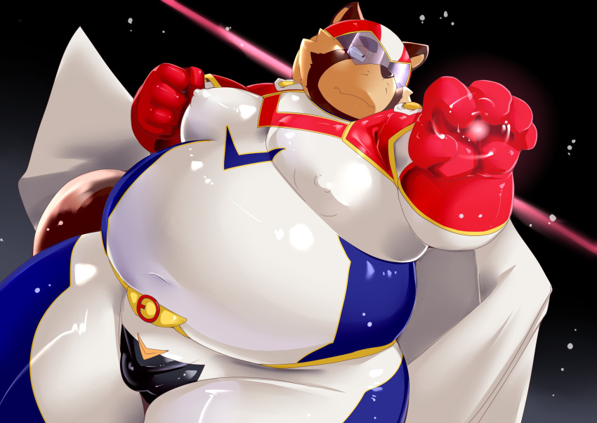 2021 absurd_res anthro armor belly black_nose brown_body bulge canid canine cape clothing headgear helmet hi_res humanoid_hands kemono male mammal moobs overweight overweight_male raccoon_dog skinsuit solo tanuki tight_clothing tomoya_(artist) visor