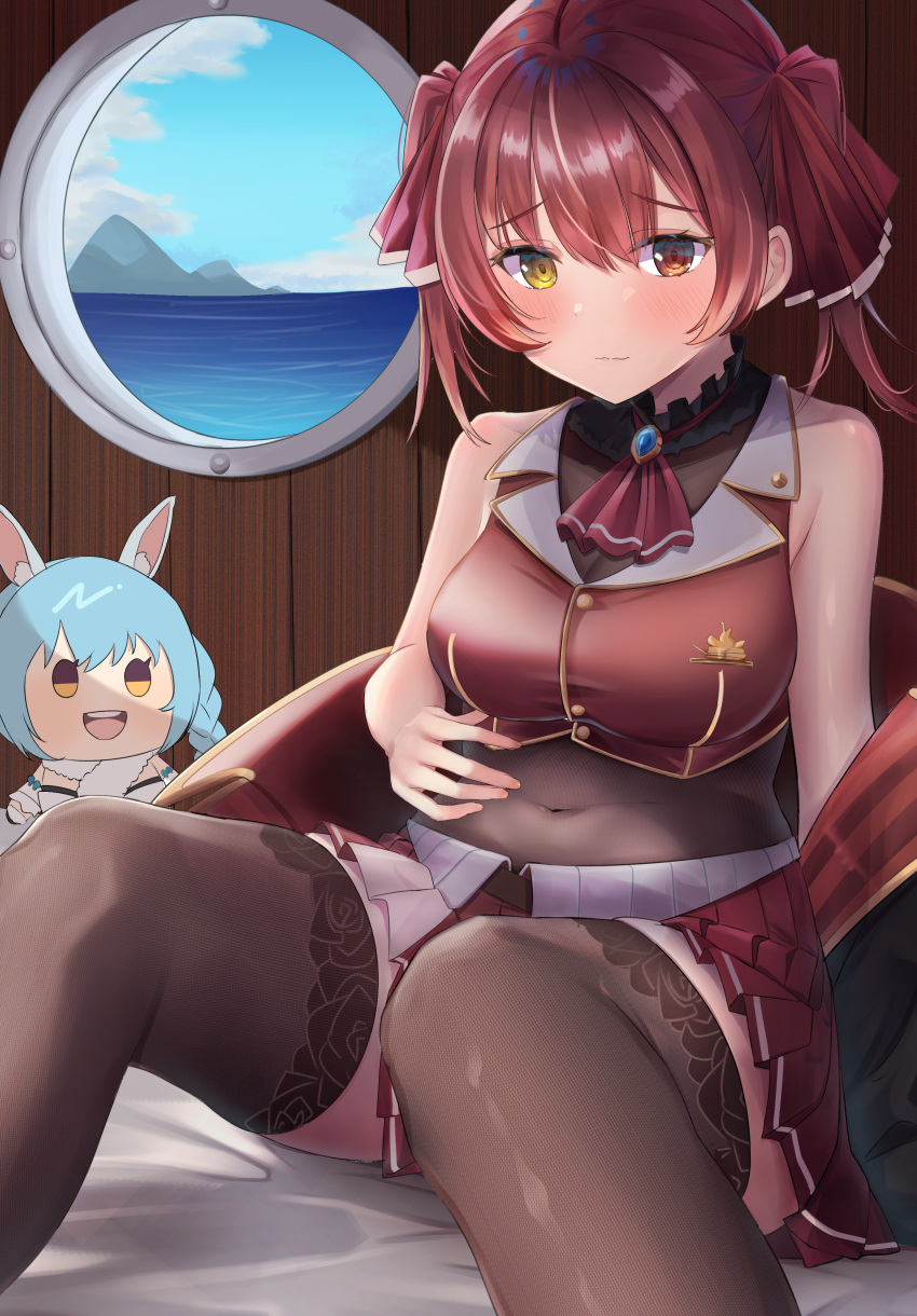 1girl absurdres ascot bare_shoulders bed_sheet blush breasts brown_legwear closed_mouth covered_navel cropped_vest heterochromia highres hololive houshou_marine jacket jacket_removed lookhow looking_at_viewer medium_breasts miniskirt ocean pleated_skirt raised_eyebrows red_eyes red_hair red_skirt red_vest ship_interior skirt solo stomach stuffed_toy thighhighs twintails usada_pekora vest virtual_youtuber window yellow_eyes zettai_ryouiki