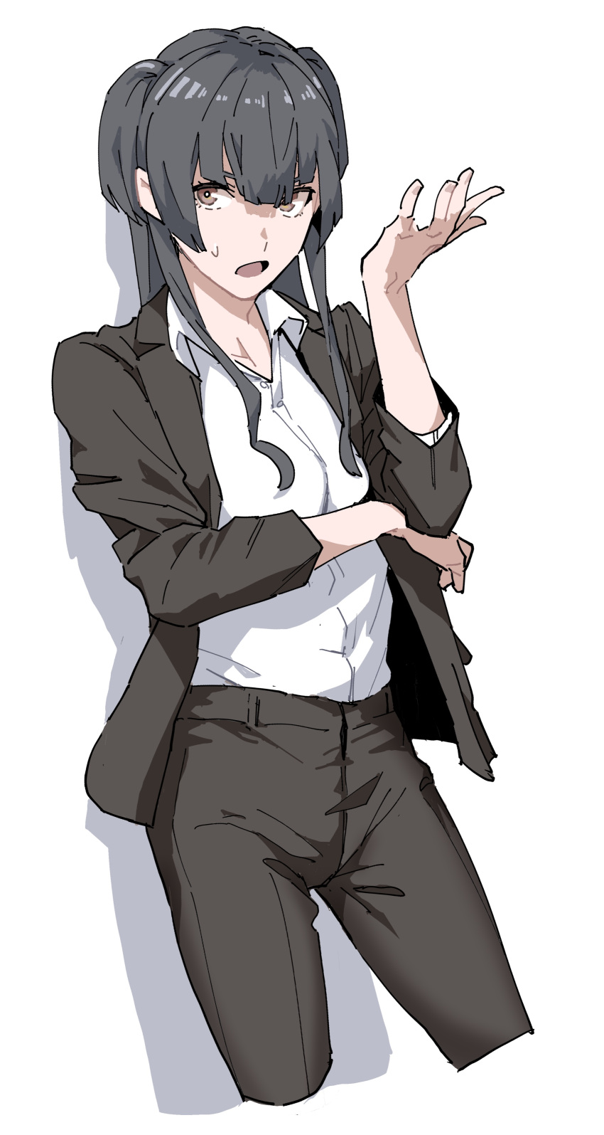 1girl absurdres bangs black_hair blunt_bangs brown_eyes collared_shirt dress_shirt formal hand_up highres idolmaster idolmaster_shiny_colors jacket long_hair looking_at_viewer mayuzumi_fuyuko no_neckwear open_clothes open_jacket open_mouth pants partially_unbuttoned sabotend shirt simple_background solo suit suit_jacket two_side_up white_background