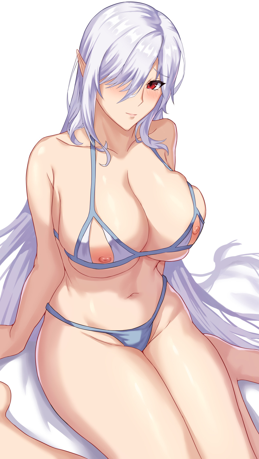 1girl absurdres arknights bare_arms bare_shoulders barefoot blue_panties blush bra breasts cleavage closed_mouth freed_turing gladiia_(arknights) groin hair_over_one_eye highres large_breasts long_hair looking_at_viewer navel nippleless_clothes nipples panties pointy_ears purple_bra red_eyes silver_hair simple_background sitting skindentation smile solo stomach thighs underwear underwear_only very_long_hair wariza white_background