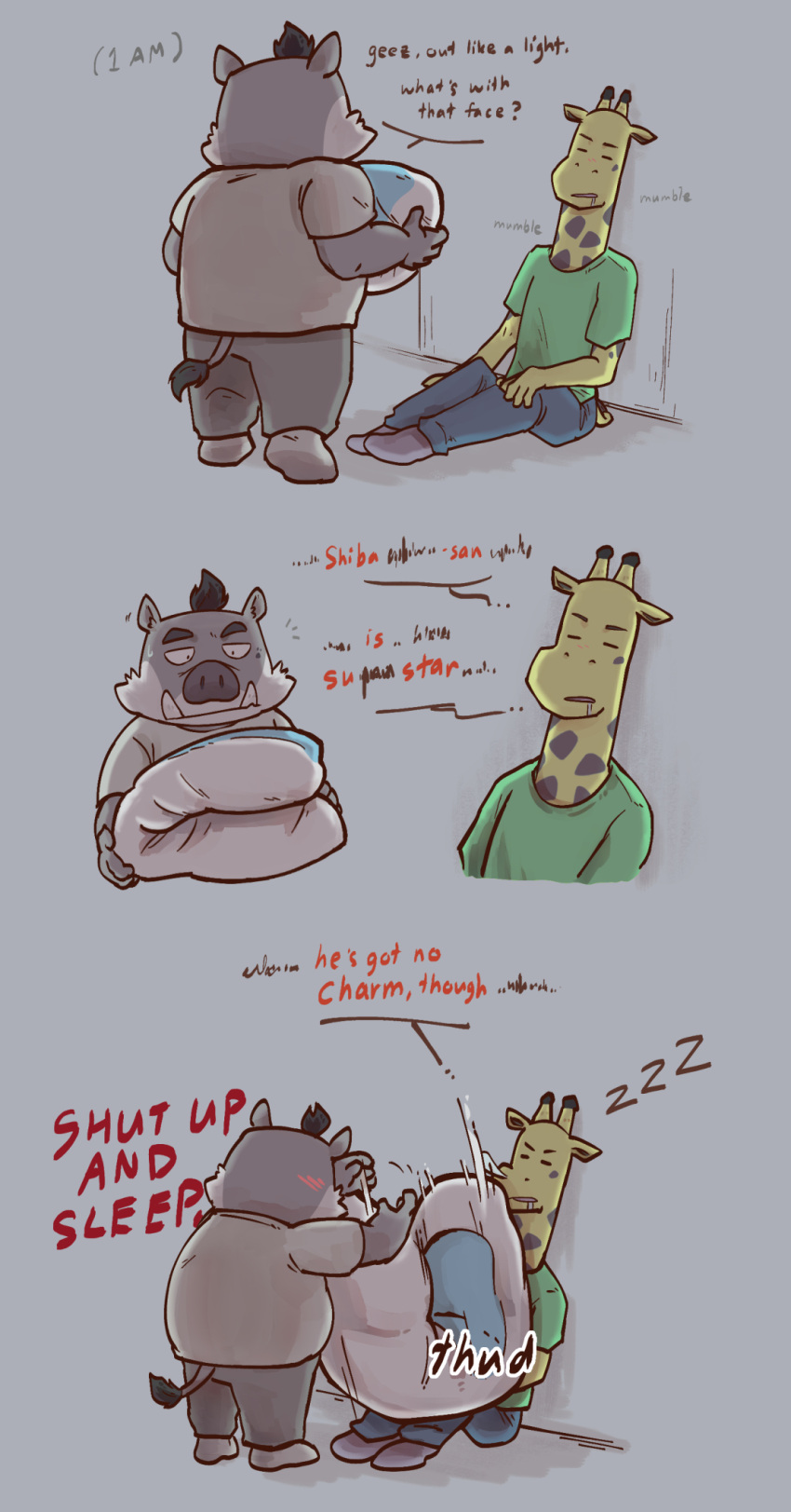 2021 anthro blush bottomwear brown_body clothing comic duo english_text eyes_closed futon giraffe giraffid hi_res kensuke_shibagaki_(odd_taxi) mammal odd_taxi pants satoshi_nagashima_(odd_taxi) saturn_ribbon shirt sitting sleeping slightly_chubby suid suina sus_(pig) text topwear wild_boar yellow_body