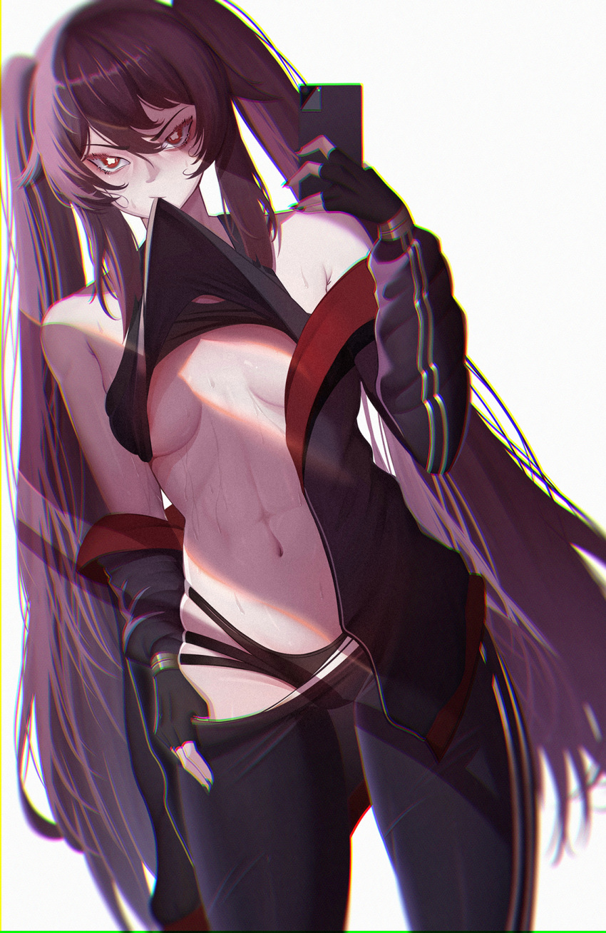 1girl abs alfa_(alpharig) black_hair breasts cellphone clothes_lift clothes_pull fingerless_gloves flashing genshin_impact gloves highres holding hu_tao_(genshin_impact) jacket looking_at_viewer medium_breasts navel pants pants_pull phone red_eyes selfie shirt_lift simple_background solo sportswear sweat sweatpants symbol-shaped_pupils twintails underwear white_background