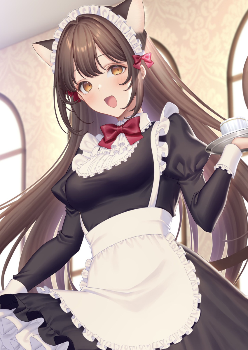 1girl :d animal_ears apron bangs black_dress blush bow bowtie breasts brown_hair cat_ears cat_girl cat_tail commentary_request cup dress extra_ears eyebrows_visible_through_hair frilled_apron frilled_dress frilled_shirt_collar frills hair_bow highres holding holding_tray indoors juliet_sleeves long_hair long_sleeves looking_at_viewer maid_headdress medium_breasts open_mouth orange_eyes original puffy_sleeves red_bow red_bowtie sakura_shiho smile solo straight_hair tail tray very_long_hair white_apron