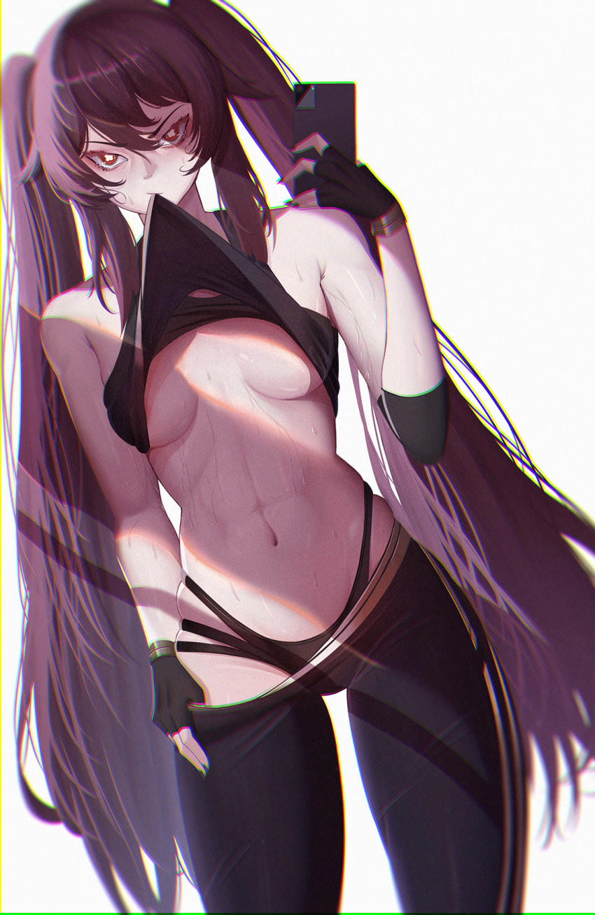 1girl abs alfa_(alpharig) black_hair breasts cellphone clothes_lift clothes_pull fingerless_gloves flashing genshin_impact gloves highres holding hu_tao_(genshin_impact) looking_at_viewer medium_breasts navel pants pants_pull phone red_eyes selfie shirt_lift simple_background solo sportswear sweat sweatpants symbol-shaped_pupils twintails underwear white_background