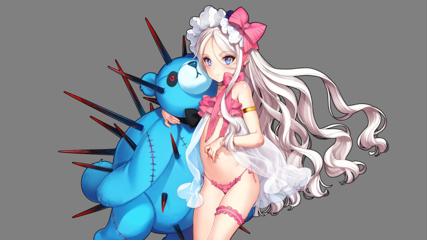 1girl armlet bikini blue_eyes blush earrings eiyuu_senki eiyuu_senki_ww frilled_bikini frills grey_background headband highres jewelry long_hair official_art oyari_ashito pink_swimsuit solo_focus spikes stuffed_animal stuffed_toy swimsuit teddy_bear vlad_tepes_(eiyuu_senki) wavy_hair white_hair