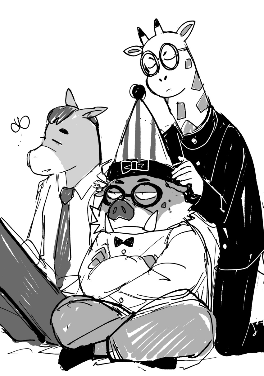 2021 anthro atsuya_baba_(odd_taxi) bottomwear bow_tie clothing doraenm equid equine eyes_closed eyewear giraffe giraffid glasses group hi_res horse humanoid_hands kensuke_shibagaki_(odd_taxi) male mammal necktie odd_taxi pants satoshi_nagashima_(odd_taxi) shirt sitting suid suina sus_(pig) topwear wild_boar