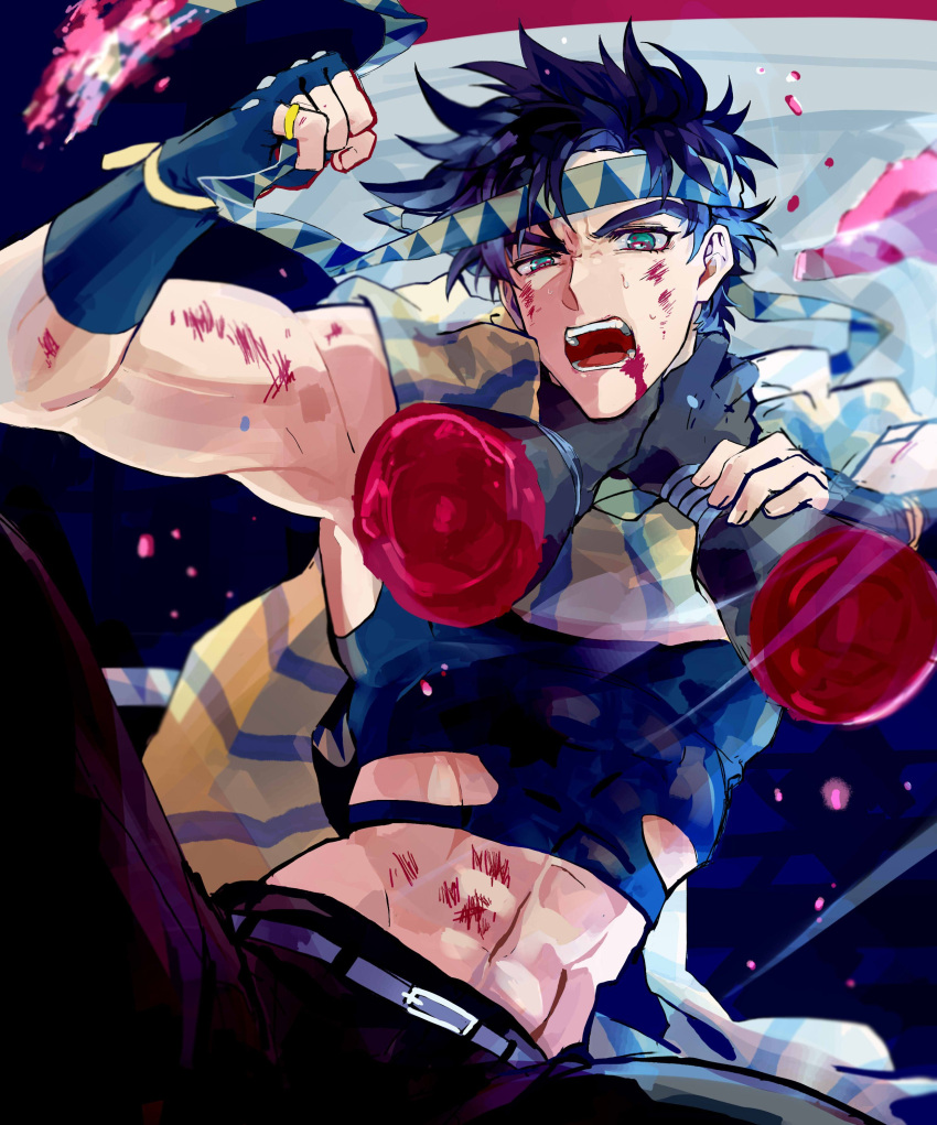 1boy absurdres asphyxiation battle_tendency black_hair blood blood_in_hair blue_eyes crop_top disembodied_limb feather_hair_ornament feathers fingerless_gloves gloves hair_ornament hands_on_another's_neck highres jewelry jojo_no_kimyou_na_bouken joseph_joestar joseph_joestar_(young) midriff nigelungdayo removing_headwear ring scarf scratches solo strangling striped striped_scarf triangle_print