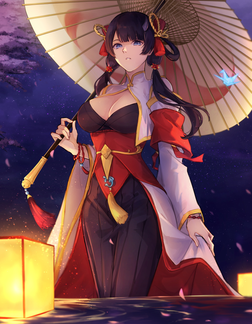 1girl absurdres arm_at_side armband bangs beads bell black_hair black_pants blue_eyes breasts cherry_blossoms cleavage cowboy_shot detached_sleeves eyelashes hair_bell hair_ornament hair_rings highres hinamaru holding holding_umbrella jingle_bell lantern lantern_on_liquid large_breasts long_hair looking_at_viewer night night_sky oil-paper_umbrella origami panilla_the_revival pants paper_crane paper_lantern parted_lips petals pleated_pants rope sash sidelocks sky solo standing star_(sky) starry_sky tassel twintails umbrella wading waist_cape water