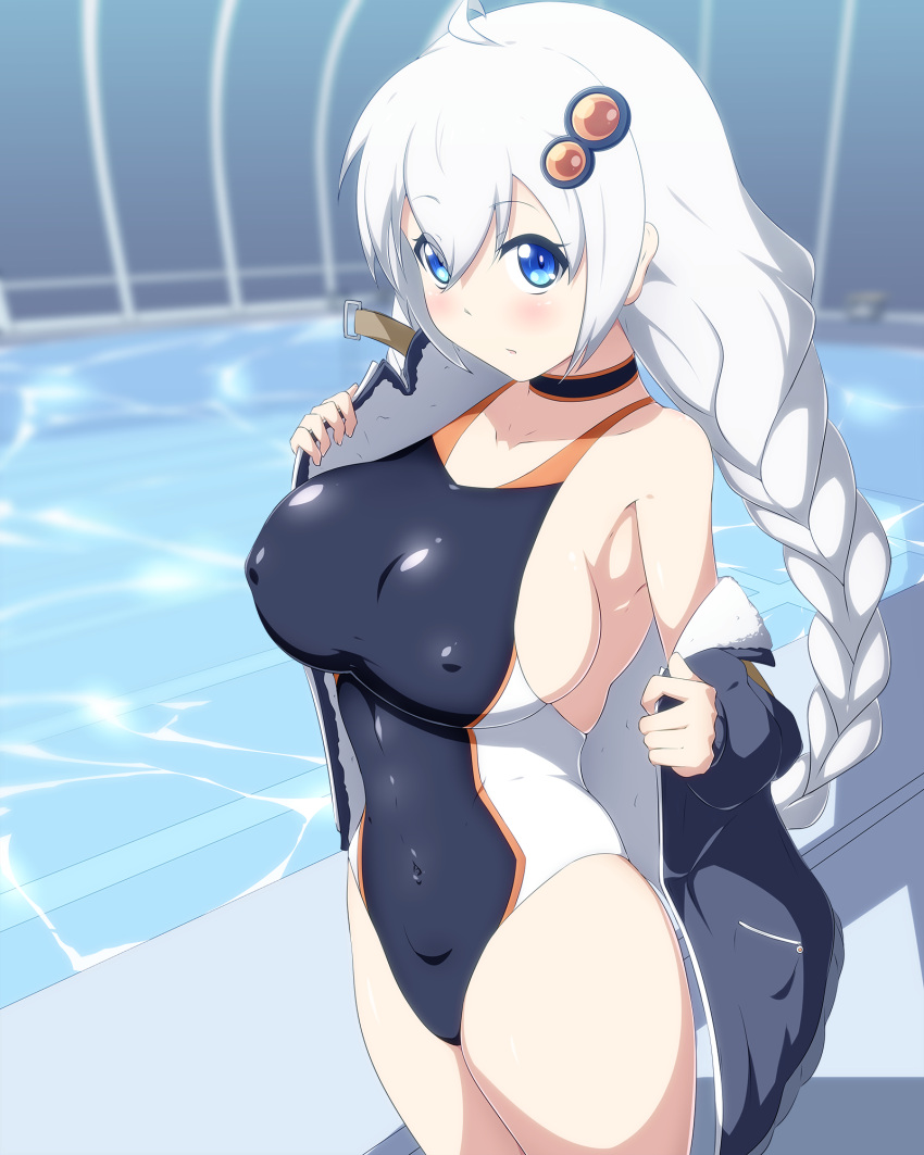 1girl black_jacket black_swimsuit blue_eyes braid breasts choker commentary_request competition_swimsuit covered_nipples danpu highres jacket kizuna_akari large_breasts long_hair one-piece_swimsuit silver_hair solo swimsuit twin_braids voiceroid