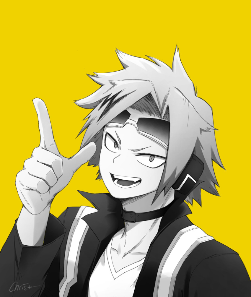 1boy artist_name boku_no_hero_academia choker chrispplus costume eyewear_on_head finger_gun grin hair_ornament head headphones highres jacket kaminari_denki looking_at_viewer male_focus monochrome open_mouth portrait shirt short_hair smile solo sunglasses teeth yellow_background