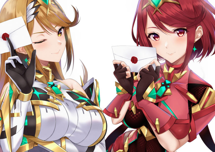 2girls absurdres bangs black_gloves blonde_hair breasts chest_jewel dress earrings elbow_gloves fingerless_gloves gloves headpiece highres jewelry large_breasts long_hair multiple_girls mythra_(massive_melee)_(xenoblade) mythra_(xenoblade) one_eye_closed pyra_(xenoblade) red_eyes red_hair revision short_dress short_hair smash_invitation super_smash_bros. super_smash_bros._logo swept_bangs tiara very_long_hair white_gloves xenoblade_chronicles_(series) xenoblade_chronicles_2 yellow_eyes yuuki_shin