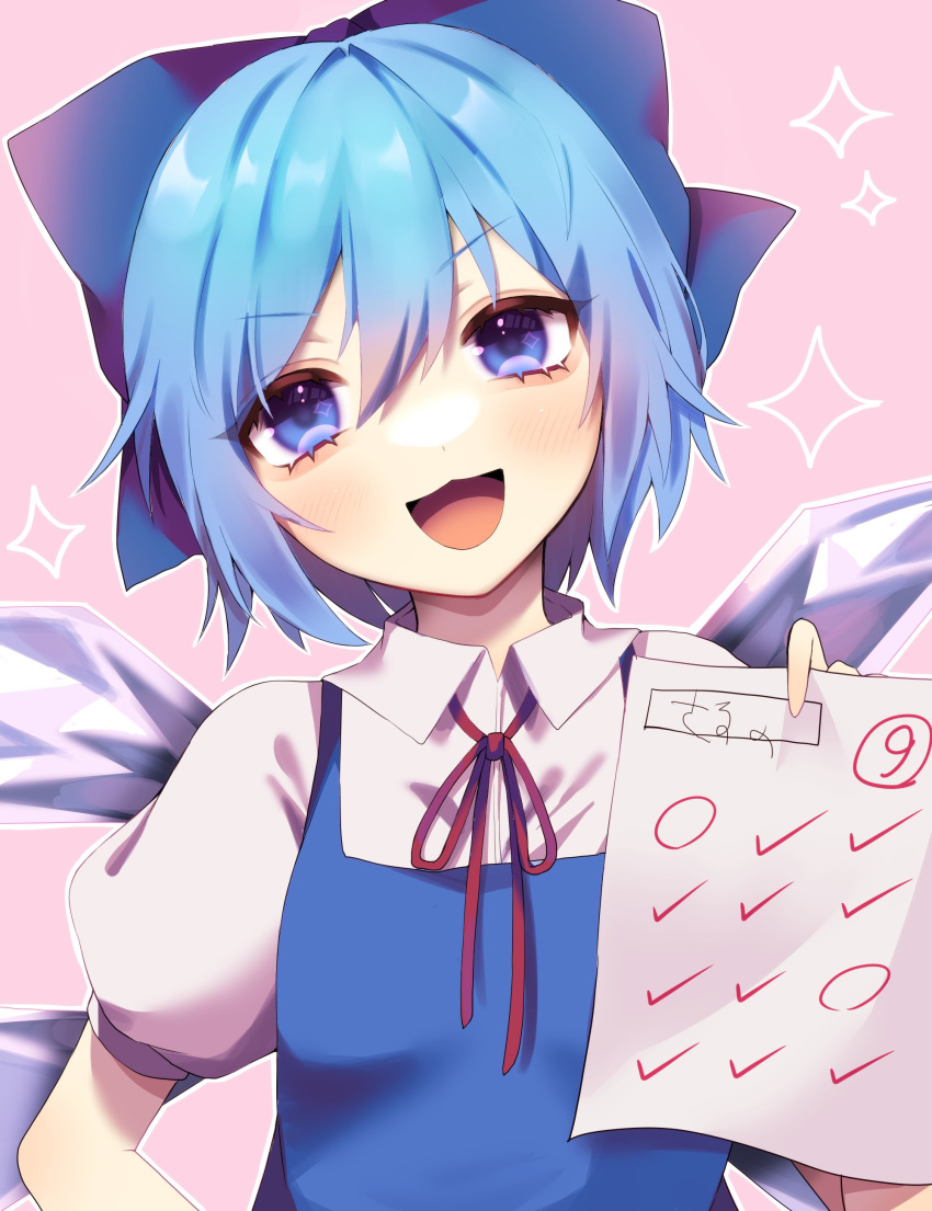 (9) 1girl :3 :d absurdres arm_up bangs black_hair blue_bow blue_dress blue_eyes blush bow breasts cirno collared_shirt commentary_request dress eyelashes hair_between_eyes hair_bow happy head_tilt highres holding holding_paper ice ice_wings niningani_ww open_mouth paper pinafore_dress pink_background red_neckwear red_ribbon ribbon shiny shiny_hair shirt short_hair simple_background small_breasts smile solo sparkle standing test tongue touhou white_shirt wing_collar wings