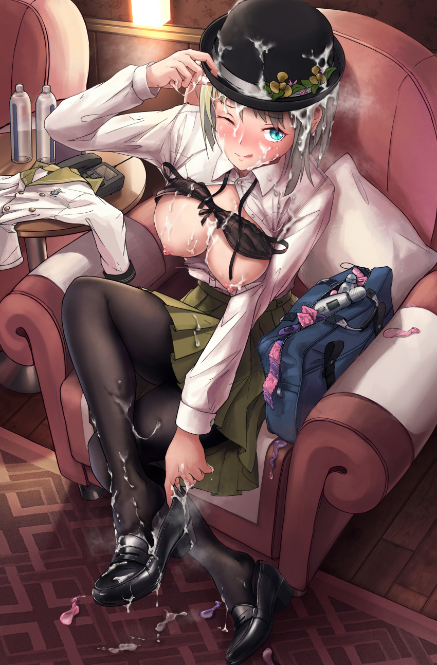 1girl absurdres ariake_(warship_girls_r) armchair bangs black_bra black_footwear black_headwear black_legwear blue_bag blue_eyes bottle bra bra_lift breasts chair character_request cleavage closed_mouth clothes_removed condom crossed_legs cum cum_in_footwear cum_on_body cum_on_breasts cum_on_clothes cum_on_hair cum_on_headwear cum_on_legwear cum_on_skirt cumdrip eyebrows_visible_through_hair facial full_body green_skirt hand_on_headwear highres holding holding_shoes licking_lips loafers lolipantherwww looking_at_viewer medium_breasts medium_hair nipples one_eye_closed open_clothes open_shirt pantyhose platinum_blonde_hair sex_toy shirt shoes simple_background sitting skirt smile solo table tongue tongue_out underwear vibrator warship_girls_r white_shirt