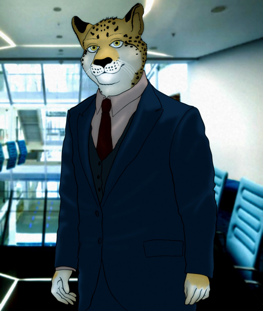 2017 anthro black_nose clothed clothing felid fredryk_phox fully_clothed fur hi_res leopard looking_at_viewer male mammal markings multicolored_body multicolored_fur necktie office pantherine photo_background solo spots spotted_markings suit whiskers yellow_eyes