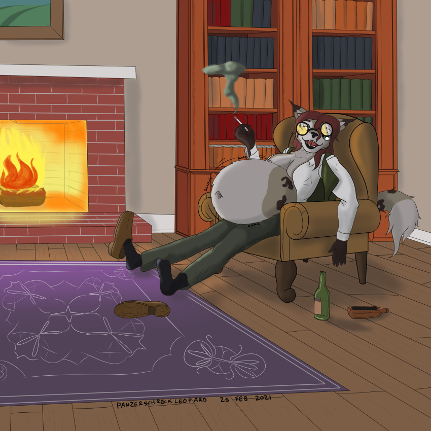 absurd_res alcohol anthro armchair belly beverage big_belly bookshelf brick bridgette_o'shane canid canine canis chair clothing deep_navel domestic_dog dress_shirt drunk eyewear felid feline female fire fireplace footwear furniture glass_bottle glasses glasses_askew grin hair hair_down hi_res hunting_dog loose_hair lynx lynxuki mammal navel panzerschreckleopard red_hair reflection rug saluki shirt sighthound slouching smile smoking smoking_cigarette socks solo stuffing substance_intoxication topwear unbuttoned_shirt wood_floor