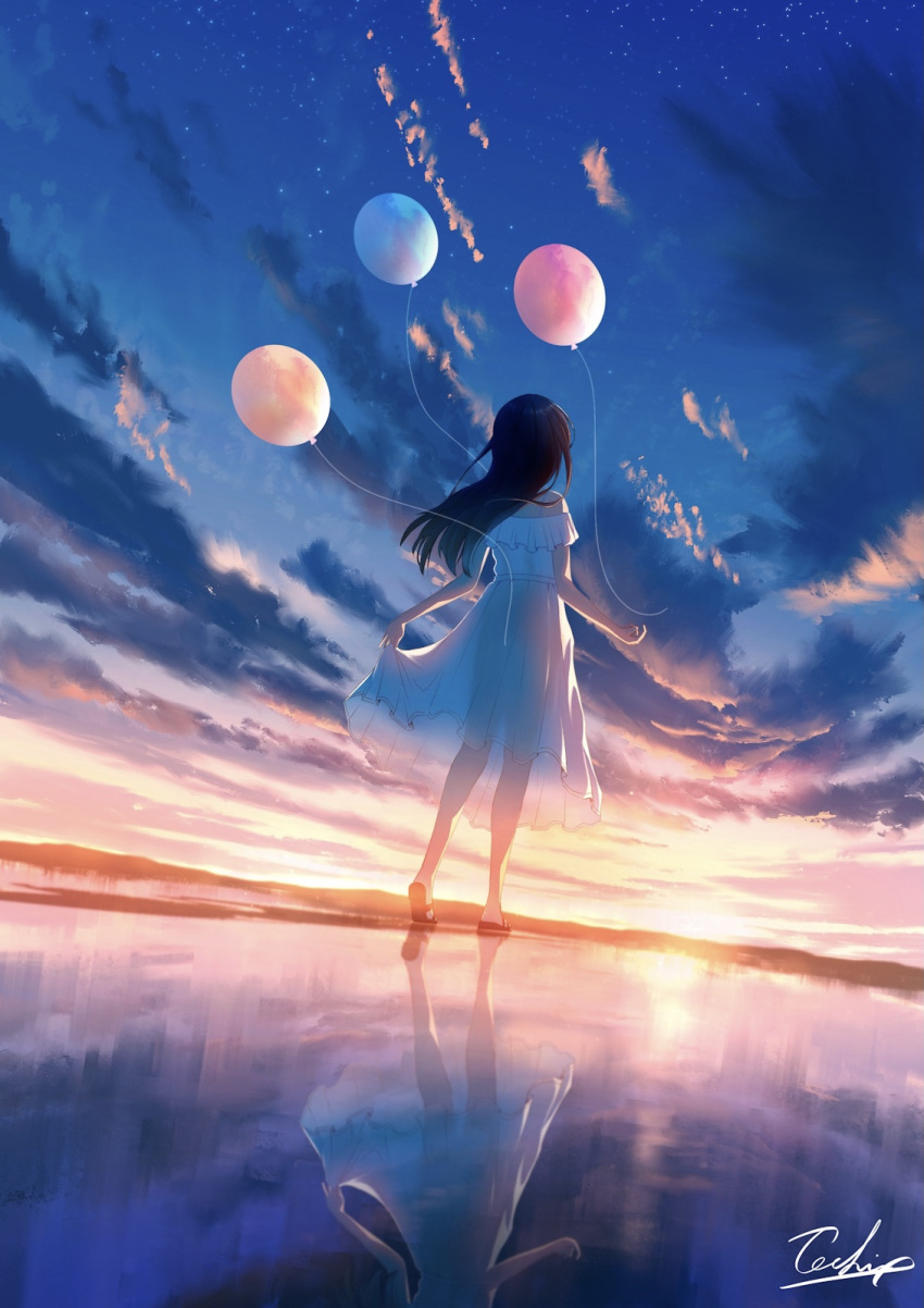 1girl balloon black_footwear black_hair blue_sky clothes_lift cloud cloudy_sky commentary_request dress facing_away floating floating_object full_body highres horizon long_hair original outdoors salt_flats sandals scenery see-through see-through_dress signature skirt skirt_lift sky solo standing star_(sky) sunlight sunset tochichima white_dress