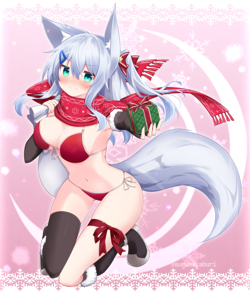 1girl animal_ear_fluff animal_ears bangs bikini black_footwear black_gloves black_legwear blush boots bow box breasts cleavage closed_mouth elbow_gloves eyebrows_visible_through_hair fingerless_gloves fox_ears fox_tail front-tie_top full_body fur-trimmed_boots fur-trimmed_gloves fur_trim gift gift_box gloves green_eyes hair_between_eyes hair_bow hair_ornament hairclip highres holding holding_gift holding_sack knee_boots kneehighs long_hair looking_at_viewer medium_breasts navel nose_blush one_side_up original pink_background red_bikini red_bow sack side-tie_bikini silver_hair single_kneehigh single_thighhigh snowflake_background solo star_(symbol) star_hair_ornament surume_aburi swimsuit tail thighhighs thighhighs_under_boots twitter_username very_long_hair wavy_mouth