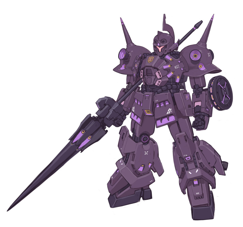 clenched_hand den'an_zon gundam gundam_f91 holding holding_polearm holding_weapon kuroboshi_kouhaku looking_ahead mecha mobile_suit no_humans polearm science_fiction shoulder_spikes solo spikes thrusters visor weapon white_background