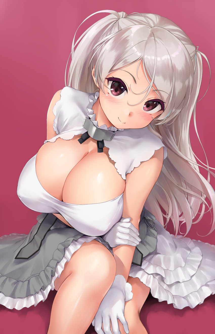 1girl blush breasts cleavage cleavage_cutout clothing_cutout collarbone conte_di_cavour_(kancolle) dress gloves grey_dress grey_hair highres kantai_collection large_breasts long_hair looking_at_viewer purple_eyes red_background shinozuka_jouji simple_background smile solo two-tone_dress white_dress white_gloves