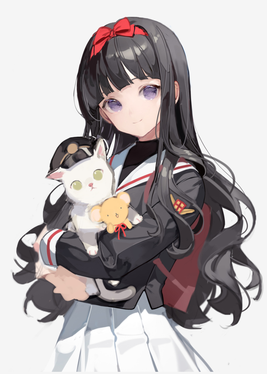 1girl absurdres backpack bag bangs black_hair black_shirt blunt_bangs bow bowtie cardcaptor_sakura cat chyoel cowboy_shot cub daidouji_tomoyo hairband highres kero lion_cub long_hair looking_at_viewer purple_eyes red_bow red_bowtie sailor_collar school_uniform serafuku shirt simple_background tomoeda_elementary_school_uniform white_background white_sailor_collar