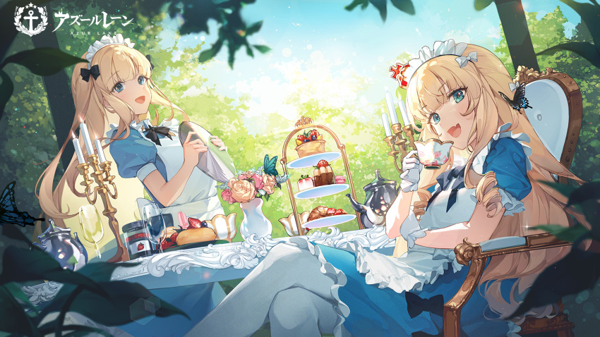 2girls alternate_costume apron azur_lane bangs black_bow blonde_hair blue_dress blue_eyes blunt_bangs bow bug butterfly cake cake_slice candelabra candle candlestand chair character_request croissant crossed_legs crown cup day dress drinking_glass enmaided fang flower food frilled_apron frilled_dress frilled_gloves frills gloves hair_bow highres jam long_hair looking_at_viewer macaron maid maid_headdress mini_crown multiple_girls official_alternate_costume official_art open_mouth outdoors pantyhose pastry queen_elizabeth_(yes_your_maidness!)_(azur_lane) saucer sitting skin_fang smile sunlight table tart_(food) teacup teapot tiered_tray tray ttosom vase wavy_hair white_apron white_bow white_gloves white_legwear wine_glass