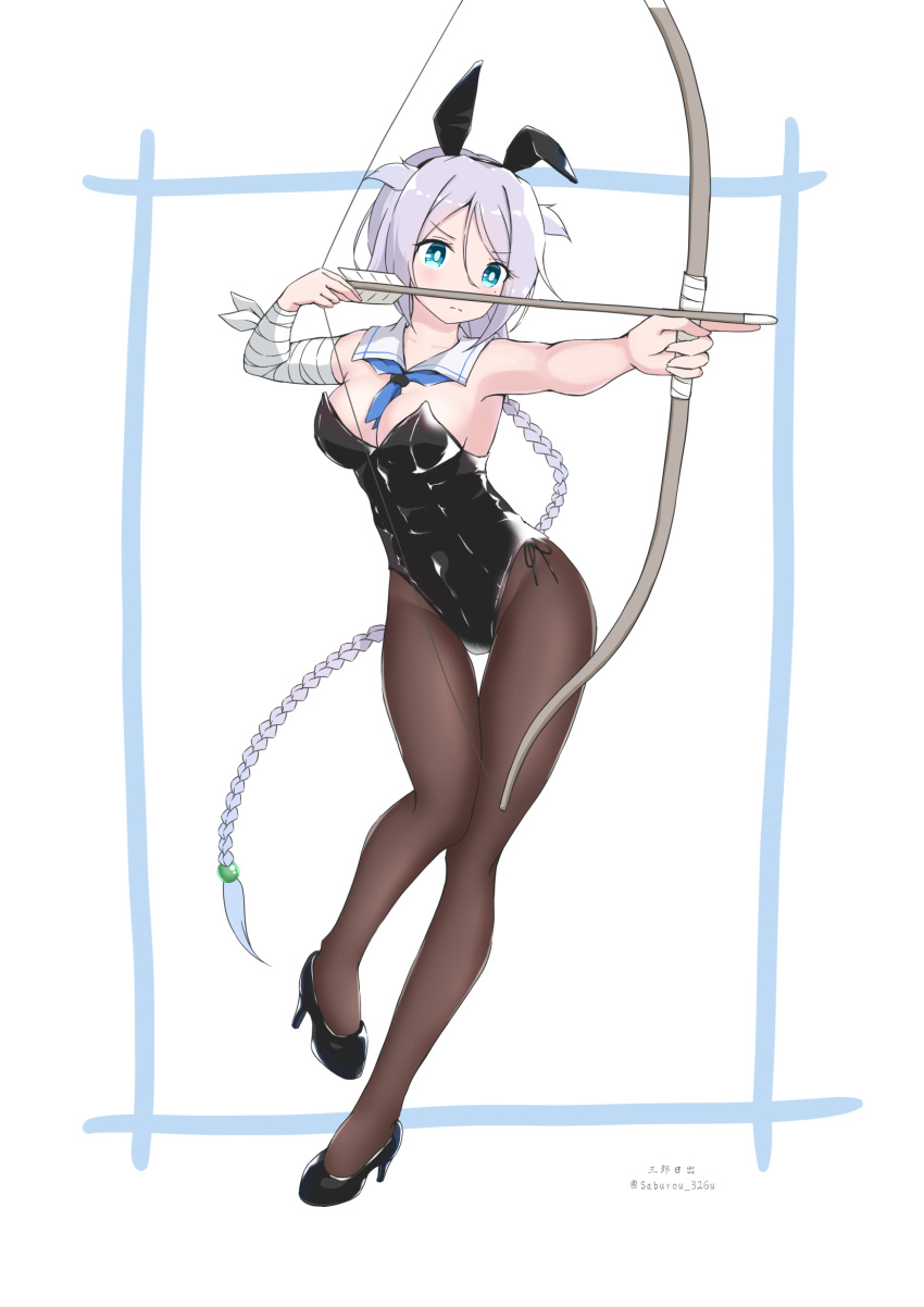 1girl aiming animal_ears arrow_(projectile) bandages black_footwear black_leotard blue_eyes blue_neckerchief bow_(weapon) braid breasts brown_legwear cleavage commentary_request detached_collar fake_animal_ears hair_flaps high_heels highres kantai_collection leotard long_hair looking_at_viewer medium_breasts neckerchief one_eye_closed pantyhose playboy_bunny rabbit_ears remodel_(kantai_collection) saburou_hiji silver_hair single_braid solo standing strapless strapless_leotard tail umikaze_(kancolle) very_long_hair weapon white_background