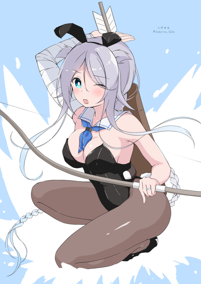 1girl animal_ears arrow_(projectile) bandages black_footwear black_leotard blue_eyes blue_neckerchief bow_(weapon) braid breasts brown_legwear cleavage commentary_request detached_collar fake_animal_ears hair_flaps high_heels highres kantai_collection leotard long_hair looking_at_viewer medium_breasts neckerchief one_eye_closed pantyhose playboy_bunny quiver rabbit_ears rabbit_tail remodel_(kantai_collection) saburou_hiji silver_hair single_braid solo strapless strapless_leotard tail umikaze_(kancolle) very_long_hair weapon