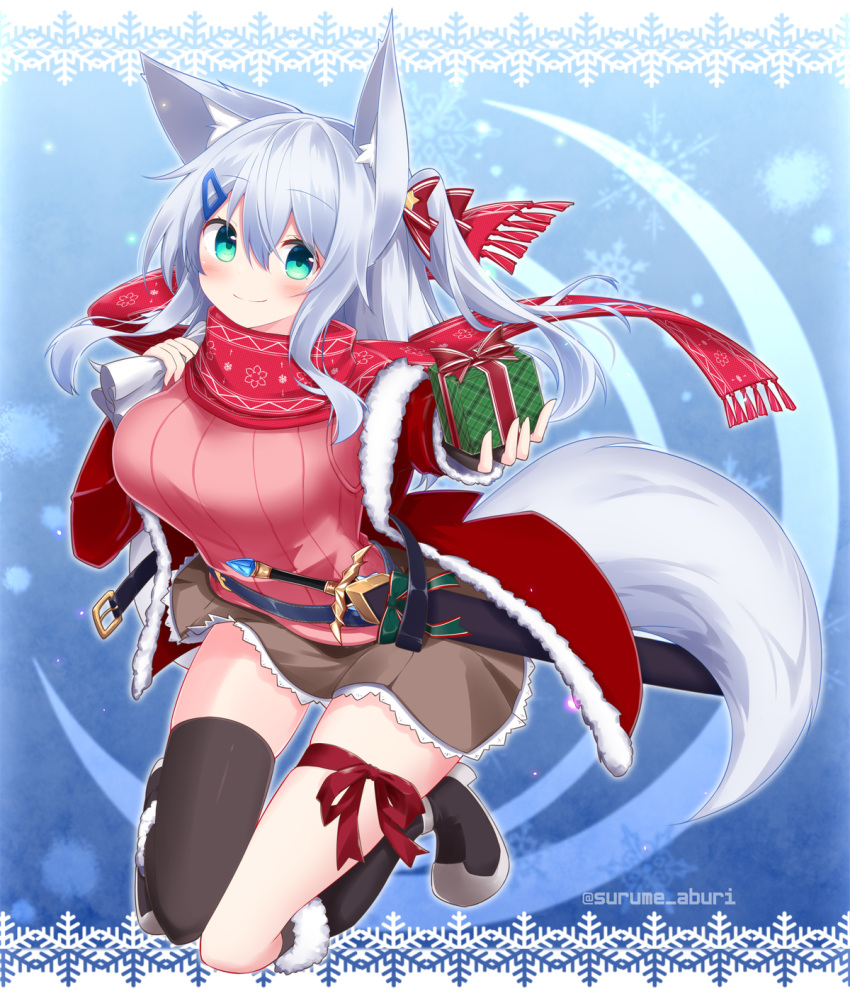 1girl animal_ear_fluff animal_ears bangs black_footwear black_legwear blue_background boots bow box breasts brown_skirt closed_mouth eyebrows_visible_through_hair fox_ears fox_tail fringe_trim full_body fur-trimmed_boots fur-trimmed_jacket fur-trimmed_sleeves fur_trim gift gift_box green_eyes hair_between_eyes hair_bow hair_ornament hairclip highres holding holding_gift holding_sack jacket knee_boots kneehighs long_hair long_sleeves looking_at_viewer medium_breasts one_side_up open_clothes open_jacket original pink_sweater red_bow red_jacket red_scarf ribbed_sweater sack scarf sheath sheathed silver_hair single_kneehigh single_thighhigh skirt smile snowflake_background solo star_(symbol) star_hair_ornament surume_aburi sweater sword tail thighhighs thighhighs_under_boots twitter_username very_long_hair weapon