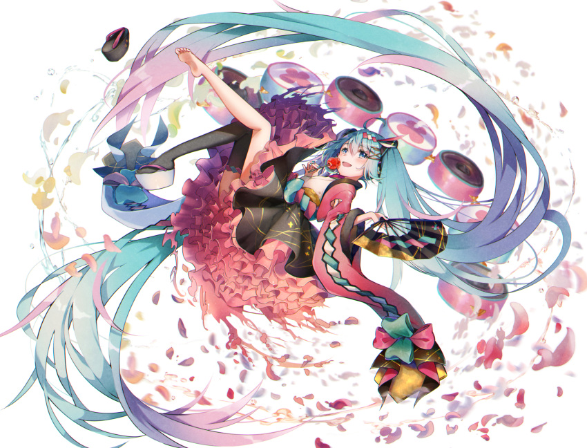 1girl absurdly_long_hair ahoge aqua_eyes aqua_hair aqua_nails bangs barefoot black_legwear black_skirt blush candy candy_apple commentary_request dress floating food frilled_dress frills grey_footwear hair_between_eyes hair_ornament hand_fan hand_up harisen hatsune_miku highres holding holding_candy holding_fan holding_food japanese_clothes kyashii_(a3yu9mi) legs_up long_hair looking_at_viewer magical_mirai_(vocaloid) nail_polish okobo open_mouth petals platform_footwear shoes shoes_removed single_thighhigh skirt solo thighhighs twintails very_long_hair vocaloid water white_background wide_sleeves x_hair_ornament
