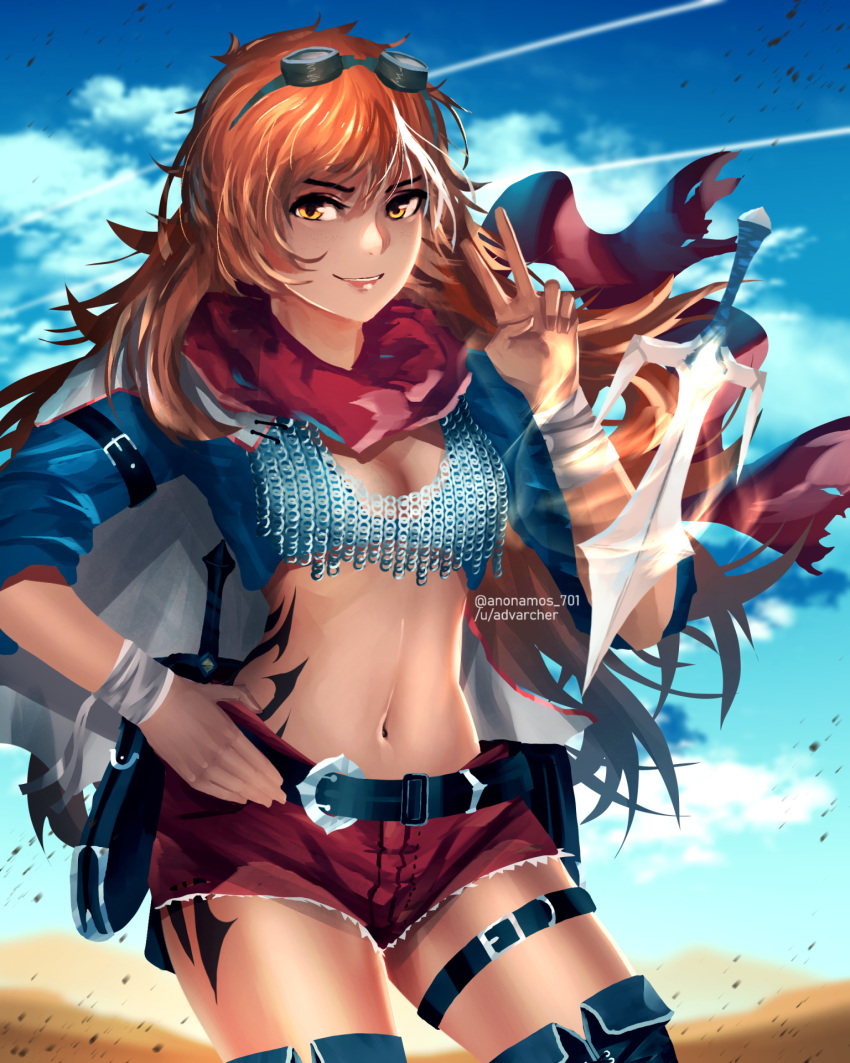 1girl anonamos armor bandaged_wrist bandages belt blue_sky boots cape carmine_esclados chainmail contrapposto cowboy_shot dark-skinned_female dark_skin day floating floating_object floating_weapon goggles goggles_on_head hand_on_hip highres long_hair looking_at_viewer multicolored_hair navel orange_hair outdoors parted_lips rwby sai_(weapon) sheath shorts sky smile solo stomach stomach_tattoo streaked_hair tattoo thigh_boots thigh_strap thighhighs twitter_username v white_hair yellow_eyes