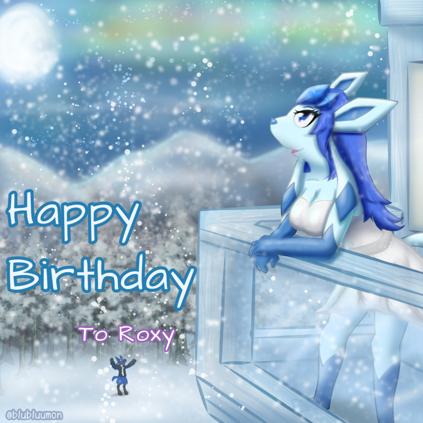 anthro aurora_borealis balcony birthday birthday_gift blubluumon blue_hair breasts butt clothed clothing dress duo eeveelution female feral glaceon hair hi_res ice jacket looking_away looking_up lucario male male/female moon nintendo pok&eacute;mon pok&eacute;mon_(species) snow standing topwear video_games