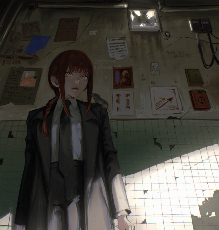 1girl bangs black_necktie black_neckwear black_pants braid braided_ponytail breasts chainsaw_man closed_mouth collared_shirt formal highres indoors long_coat long_hair long_sleeves makima_(chainsaw_man) makimasansuki medium_breasts necktie pants red_hair ringed_eyes room shirt solo suit white_shirt yellow_eyes