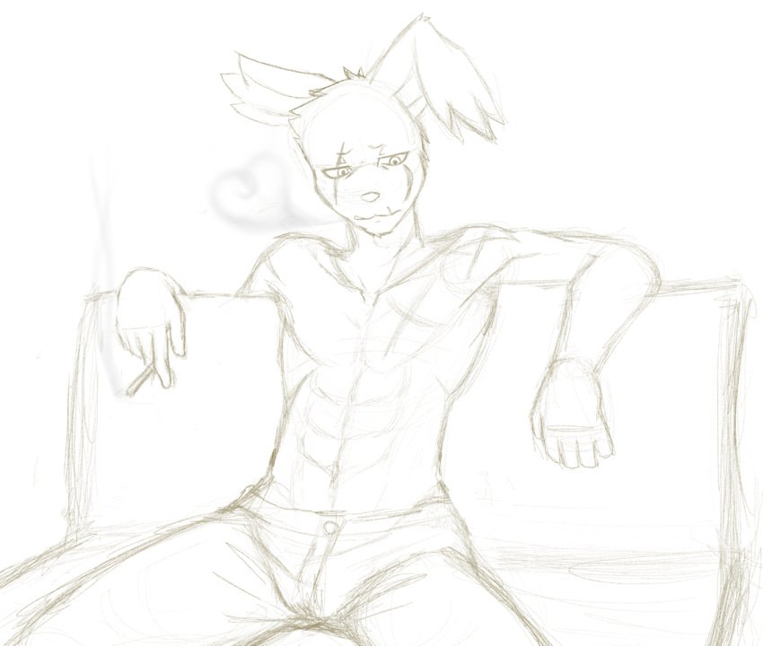 2015 abs anthro athletic athletic_anthro athletic_male bottomwear cigarette clothing denim denim_clothing fingers five_nights_at_freddy's five_nights_at_freddy's_3 jeans lagomorph leporid male mammal monochrome muscular muscular_anthro muscular_male nukde pants pecs rabbit scar scottgames simple_background sitting sketch solo springtrap_(fnaf) video_games
