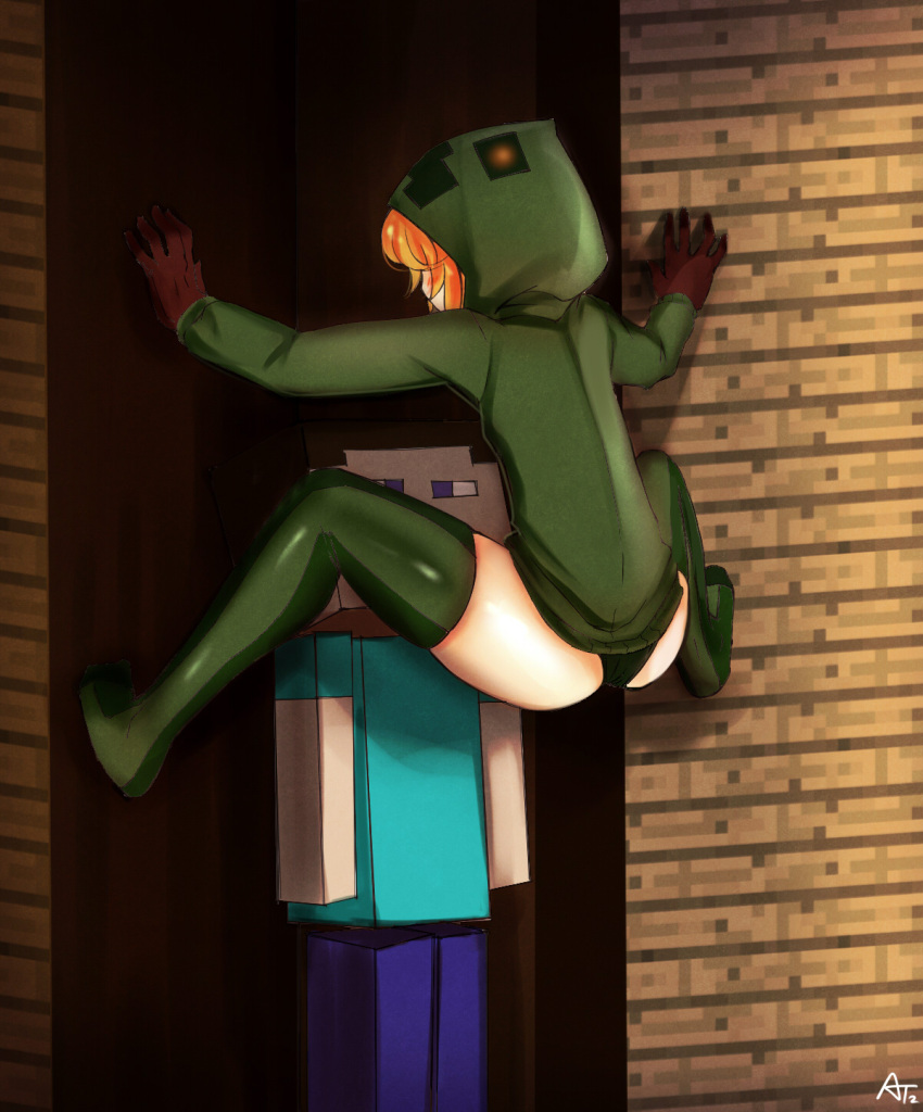 ... 1boy 1girl ass at2. black_panties cicada_block creeparka creeper cupa_(at2.) day gloves green_panties highres hood hoodie minecraft orange_hair panties personification photoshop_(medium) short_hair spread_legs steve_(minecraft) thighhighs underwear wood wooden_wall