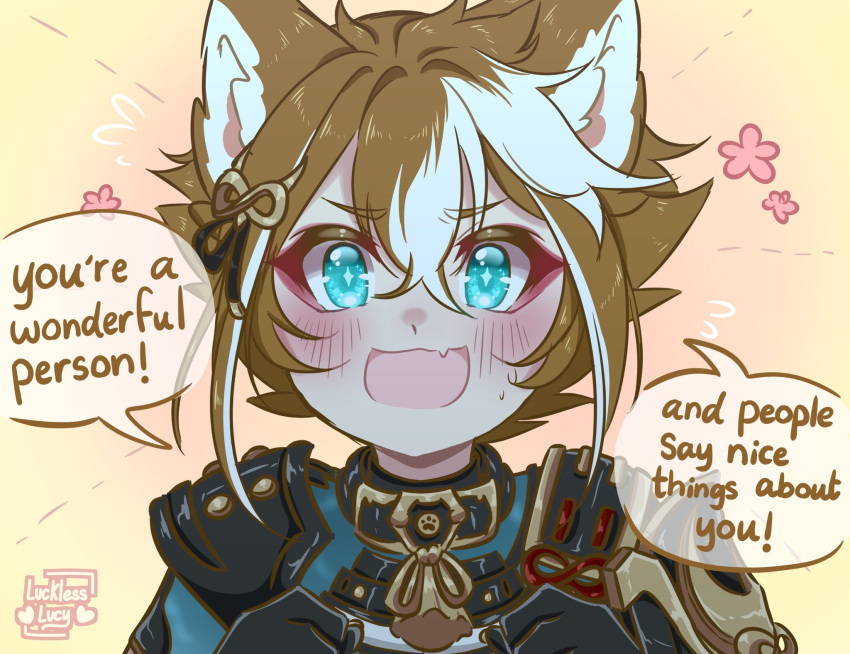 +_+ 1boy :d animal_ear_fluff animal_ears armor arms_up bangs black_gloves blue_eyes blush clenched_hands dog_ears dog_tail eyelashes fang flower genshin_impact gloves gorou_(genshin_impact) hair_ornament highres japanese_armor lucklessluci male_focus multicolored_hair open_mouth orange_hair paw_print pink_background pink_flower sidelocks skin_fang smile solo standing streaked_hair sweatdrop tail upper_body white_hair