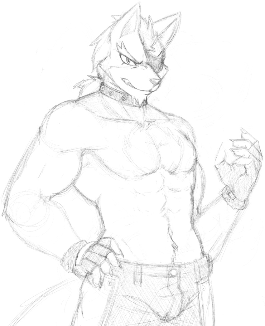 2015 abs anthro athletic athletic_anthro athletic_male biceps big_tail bottomwear bulge canid canine canis chest_tuft clothing collar denim denim_clothing eye_patch eyewear fingerless_gloves fingers gloves hair hand_on_hip handwear hi_res jeans looking_at_viewer male mammal monochrome muscular muscular_anthro muscular_male nintendo nukde pants pecs sharp_teeth short_hair sketch solo standing star_fox teeth tuft video_games wolf wolf_o'donnell